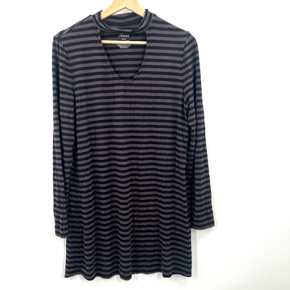 Soma striped tunic top modal blend keyhole stretch black gray long sleeve M